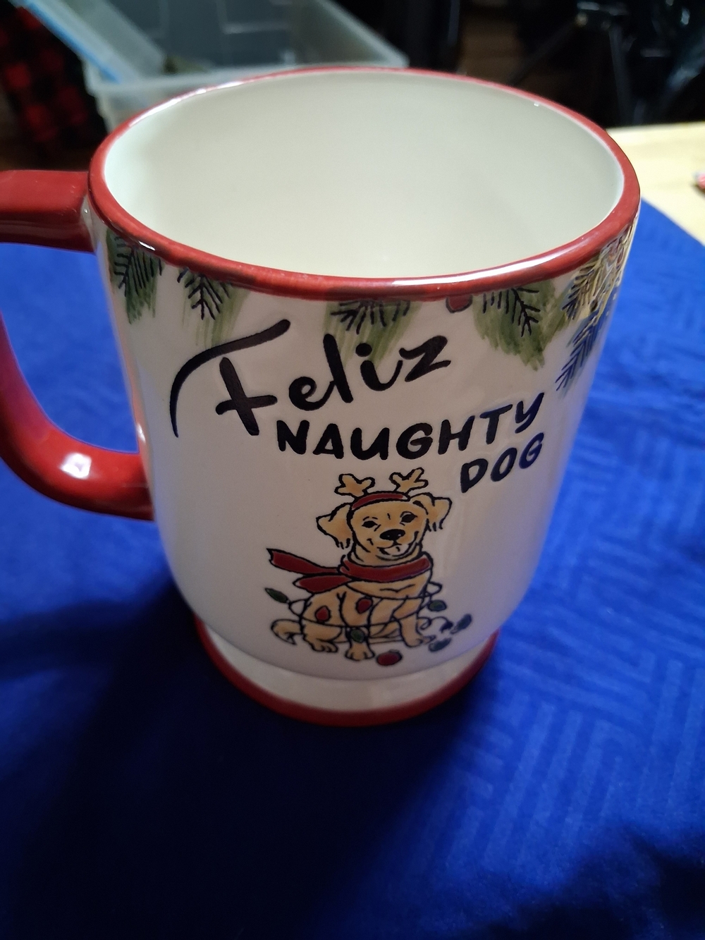 Feliz Naughty Dog Red & White Holiday Ceramic Dog Mug Cracker Barrel